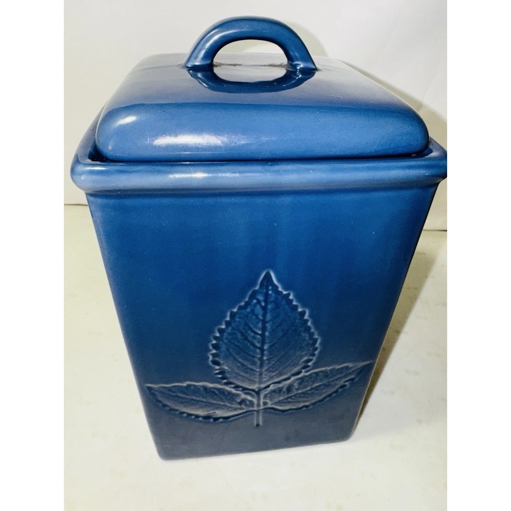 NEW Lillian Vernon Ceramic Storage Canister Blue Leaf Pattern 10 1/2"